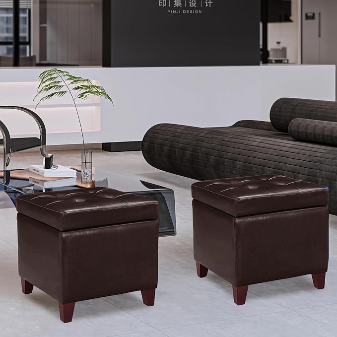 Adeco Bonded Leather Square Tufted Footstool, 18", Brown Storage Ottomans,-CasaMuseHome