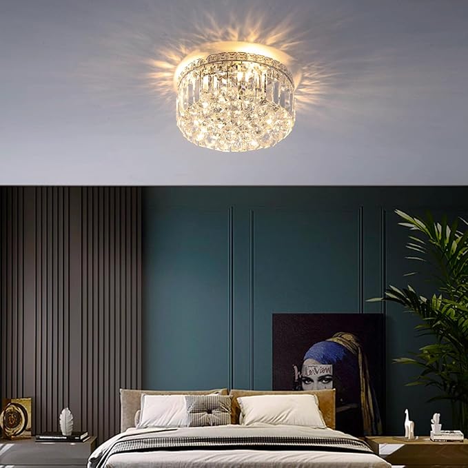 4-Light Crystal Flush Mount Chandelier Light Fixture with K9 Crystals Modern Ceiling Lights Elegant Pendant Lamp for Bedroom,Hallway,Bar,Living Room,Dining Room,H5.9 xW13.7(Bulbs Not Included)-CasaMuseHome