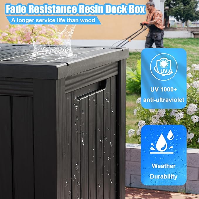 200 Gallon Lockable Resin Deck Box, Waterproof & UV-Resistant Outdoor Storage Box for Outdoor Cushion Storage, Garden Tools & Pool Accessories Storage, Black-CasaMuseHome