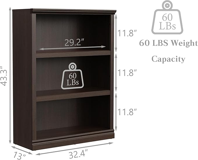 43 in Tall Bookcase, 3-Tier Bookshelf Open Storage, 33 inch Wide Floor Standing Indoor Furniture, Book Cases for Home School Library Office Bedroom Kids, Dark Cherry 3 Tiers-CasaMuseHome