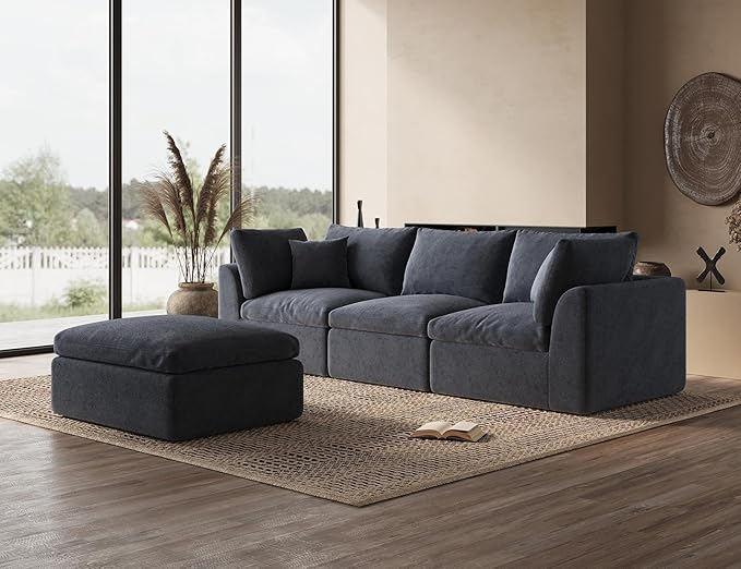 110 Inch Cloud Sectional Couches for Living Room, Convertible L Shaped Couch with Ottoman, 3 Seater Modular Sectional Sofa, Grey-CasaMuseHome