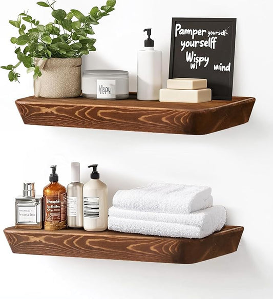 16"x6.8"x1.6" Slanted Floating Wall Shelves 2-Pack - Rustic Brown Finish, Heavy-Duty Solid Wood Design with Hidden Brackets - Perfect for Living Room, Kitchen, Bathroom, or Office-CasaMuseHome