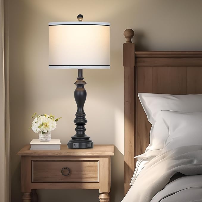 27.5" Farmhouse Table Lamp for Living Room, Black Lamps Set of 2 with USB A+C Ports, Mid Century Tall Table Lamp for Bedroom, Bedside Lamps for Night Stands(2 Bulbs Included)-CasaMuseHome