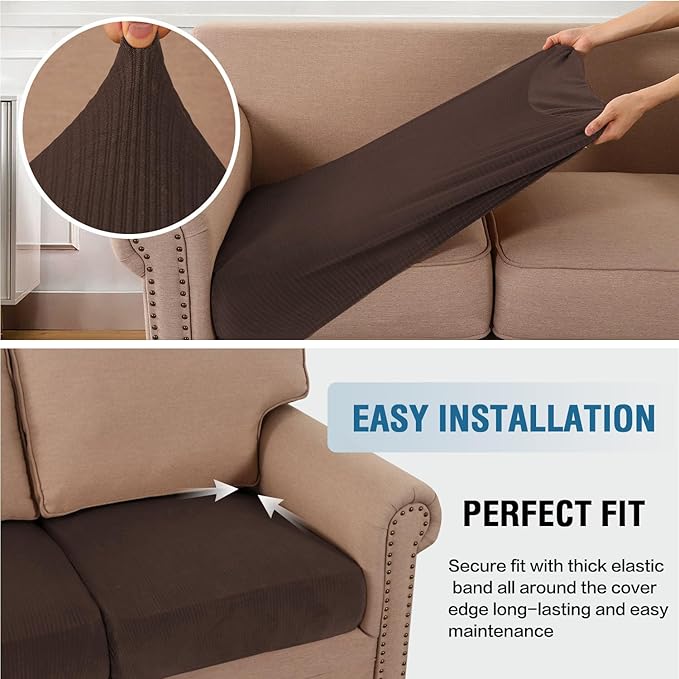 H.VERSAILTEX Velvet Stretch Couch Cushion Cover Plush Cushion Slipcover for Chair Cushion Furniture Protector Seat Cushion Sofa Cover (1 Piece Armchair Cushion Covers, Brown Striped)-CasaMuseHome