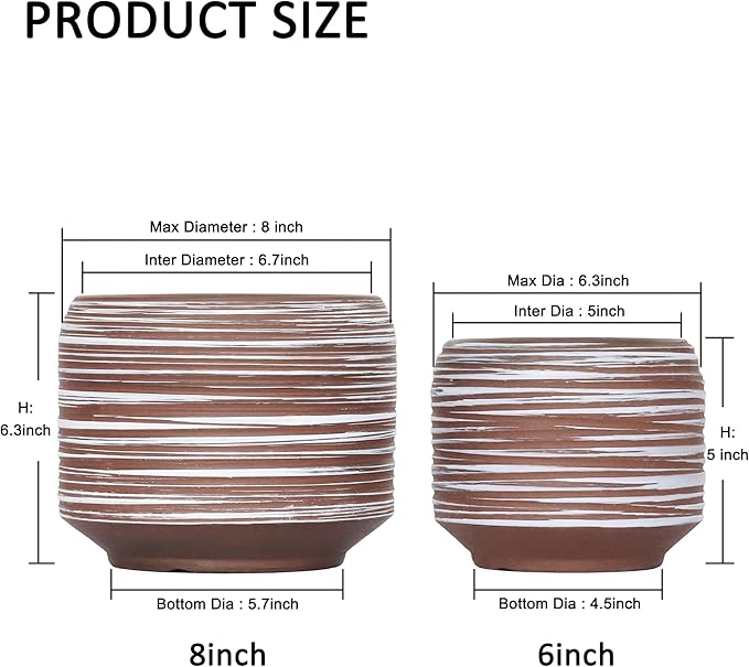 8 Inch + 6 Inch Ceramic Plant Pots Indoor with Drainage – Flower Pot Set, Decorative Indoor Planters for House Plants and Garden Use-CasaMuseHome