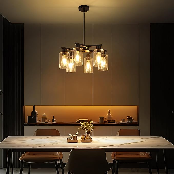 6-Light Black Modern Farmhouse Chandelier for Dining Room Ceiling Light Fixture with Clear Glass Shades, Adjustable Hanging Industrial Pendant Lighting for Living Room Kitchen Island Bedroom Entryway-CasaMuseHome