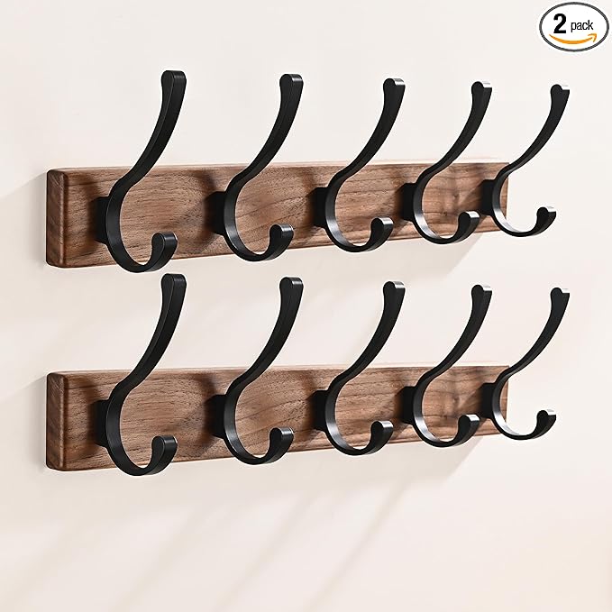 2 Pack 17.3" Small Wooden Coat Rack Wall Mounted with 5 Hooks, Entryway Wall Hooks Coat Hanger for Hanging Towel Clothes Hat Backpack Shoe Purse Key Holder Multi Hook Rail by Black Walnut Wood-CasaMuseHome