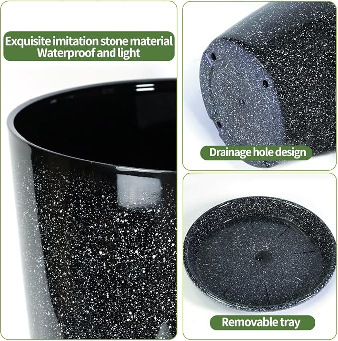 2 Pcs Pack 21 Inches Plastic Resin Tall Tapered Planter Pots Large Round Planter Flower Pot with Drainage Holes for Indoor Outdoor Deck Porch Garden Home Patio Front Door (Black, L)-CasaMuseHome