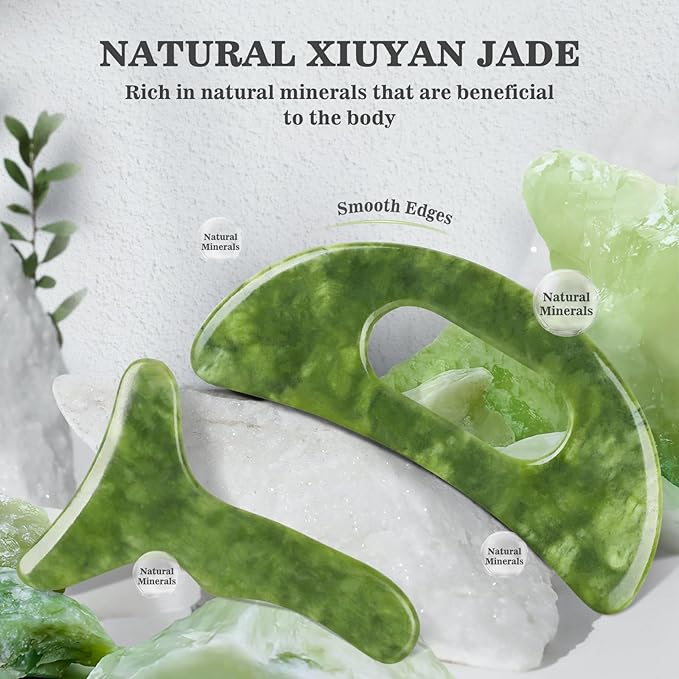 2 in 1 Jade Stone Gua Sha Massage Tool, Large Guasha Muscle Scraper Tools Set with Handle Muscle Scraping Massage Tools Anti Cellulite Spa Acupuncture Tools for Back Neck Leg Lymphatic Drainage-CasaMuseHome