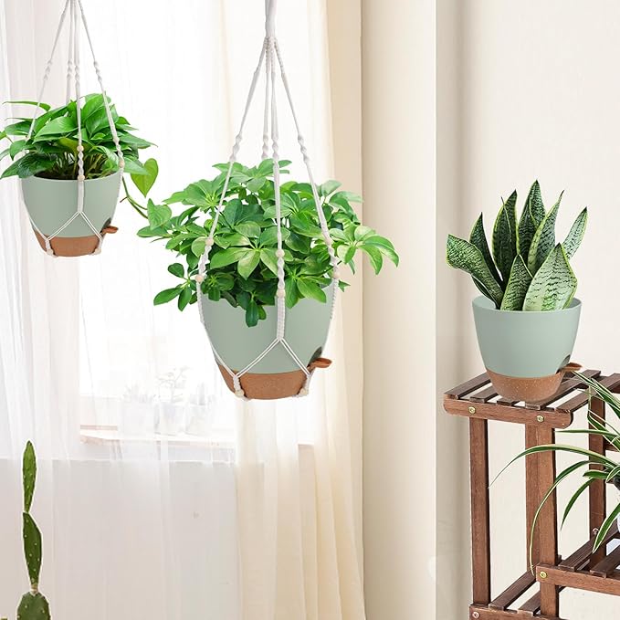 41.5 Inch Macrame Plant Hanger Indoor Outdoor with 12 Inch Flower Pot, Hanging Planter for Plants Holder with Wood Beads for Boho Home Decor (Ivory+Green)-CasaMuseHome