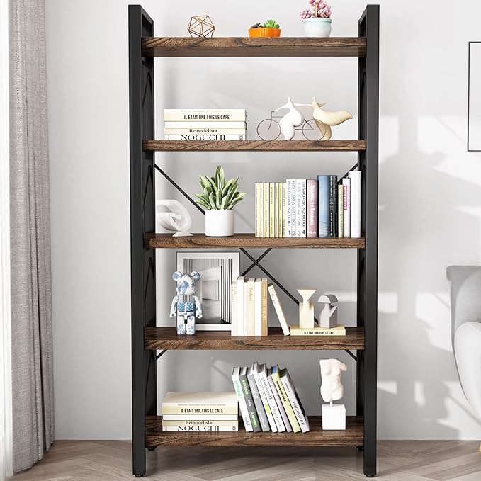5 Tier Bookshelf Rustic Solid Wood Industrial Style Bookcase,Metal and Real Wood Vintage Bookshelf,Book Shelves Home Office, Retro Brown,Dark Matching credenza(LZ01-05tier) (5Tiers)-CasaMuseHome