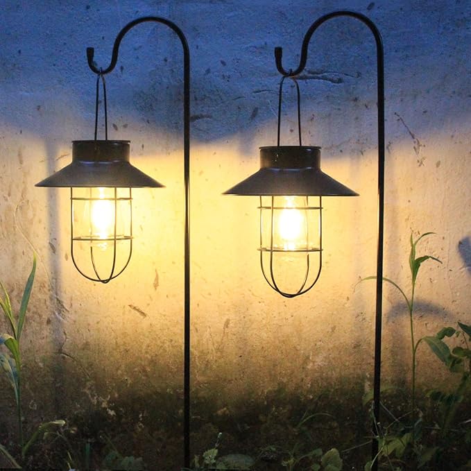 4 Pack Hanging Solar Lantern Lights with Shepherd Hook, Metal Waterproof Warm White Edison Bulb Lights for Garden Outdoor Pathway-CasaMuseHome