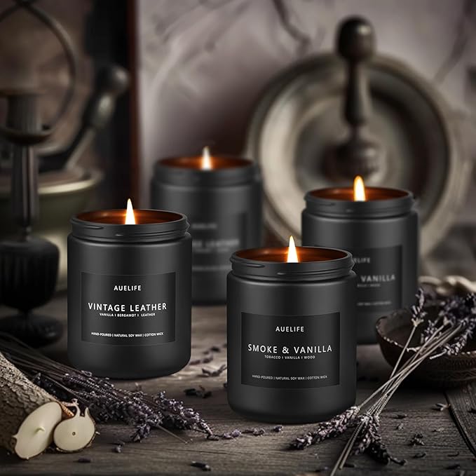 2 Pack Men Candles | Smoke & Vanilla + Vintage Leather - Scented Candles for Men - Masculines Candle - Soy Candle for Home Scented, Man Gifts, Black Jar - 7oz-CasaMuseHome