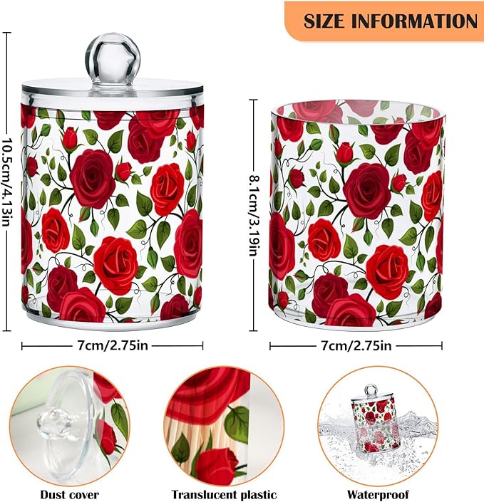 2 Pack Qtip Holder Dispenser Red Rose Flowers Bathroom Storage Canister Lid Acrylic Plastic Apothecary Jar Set Vanity Makeup Organizer for Cotton Swab/Ball/Round Pads, Floss-CasaMuseHome