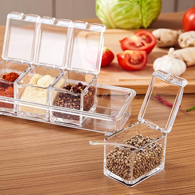 4 PCS Seasoning Box, Clear Spice Containers with Spoon, Acrylic Toppings Containers with Lids, Kitchen Multi Spice Box for Salt, Sugar, Pepper, Garlic Powder-CasaMuseHome