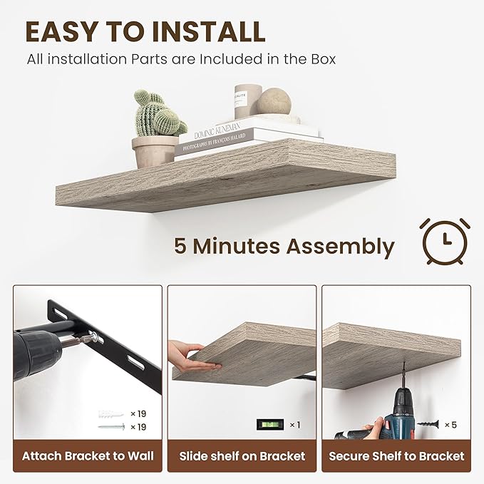 24 Inch Floating Shelves, 11.6 Inch Deep Floating Shelves for Wall, Floating Shelf with Invisible Brackets, Deep Shelves for Bathroom, Bedroom, Living Room, 2 Pack, Vintage Gray Oak-CasaMuseHome