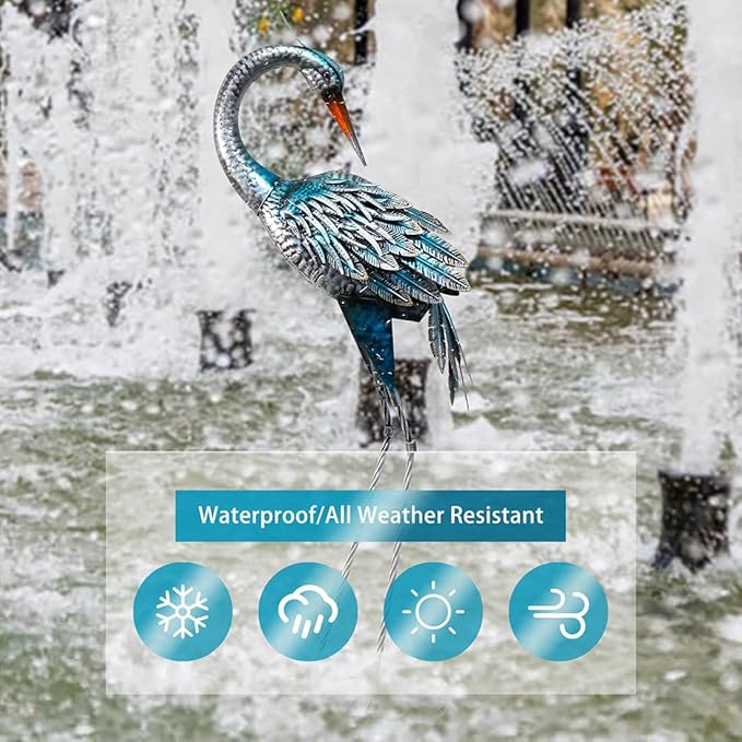 37 Inch Blue Heron Crane Statue, Metal Yard Art Outdoor Decoy, Garden Sculpture for Lawn/Pond Decoration, 1Pc, ORTBL-CR24053A-18-CasaMuseHome