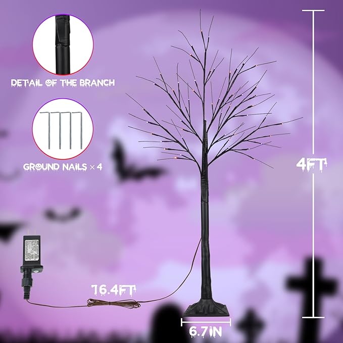 2Pack 4FT 100LED Black Halloween Tree Lights, Timer Function Halloween Trees with Purple and Orange Lights, Spooky Trees Light for Indoor Outdoor Halloween Decorations-CasaMuseHome