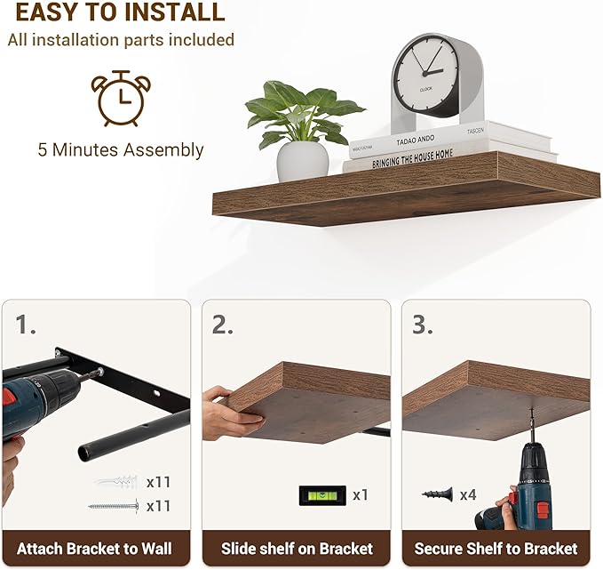 24 Inch Floating Shelves, 24"x9.25"x1.5" Inch Deep Floating Shelves for Wall, Wooden Shelves for Bathroom, Bedroom, Living Room, Brown-CasaMuseHome