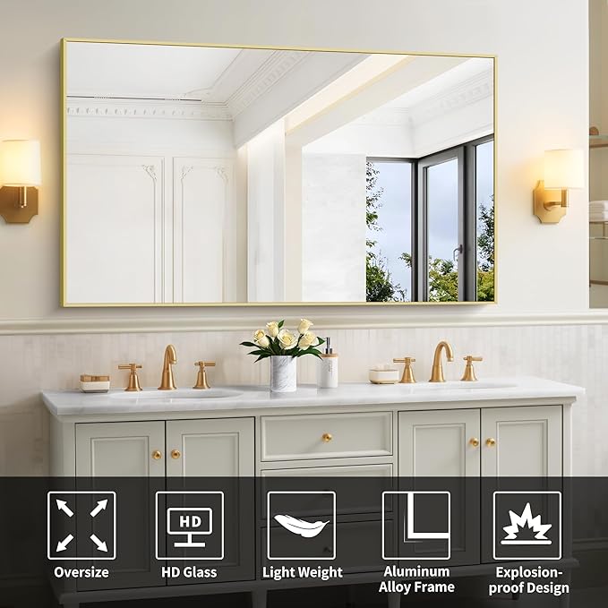 30x55In Gold Bathroom Mirror for Wall, Brushed Gold Rectangle Mirrors with Metal Frame, Bathroom Rectangular Mirror Modern Wall Mirror for Bedroom Living Room, Hangs Horizontal or Vertical-CasaMuseHome