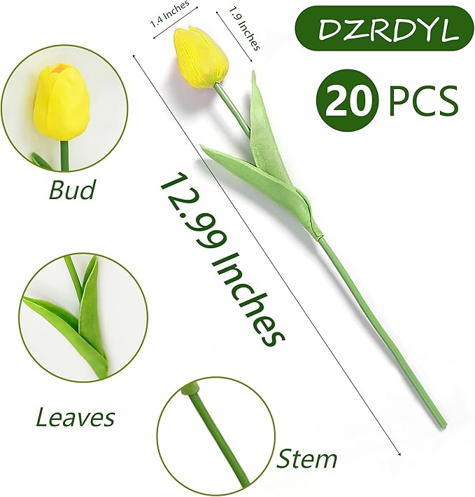 20pcs Yellow Artificial Tulip Fake Flower 12.9 Inch Spring Mother's Day Easter Gift for Home Kitchen Wedding Decoration-CasaMuseHome