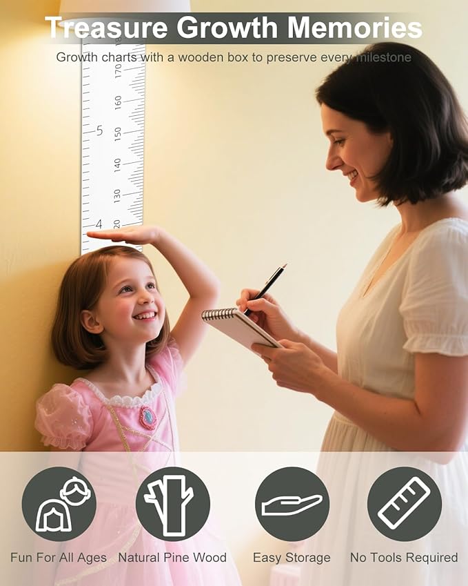 6.5FT Growth Chart for Kids with Wooden Keepsake Box - Children Height Measurement Kit Includes Marker Pen & Wall Hook, Height Tracker Ruler Baby Essentials, Nursery Room Decor Gift for Baby to Teen-CasaMuseHome
