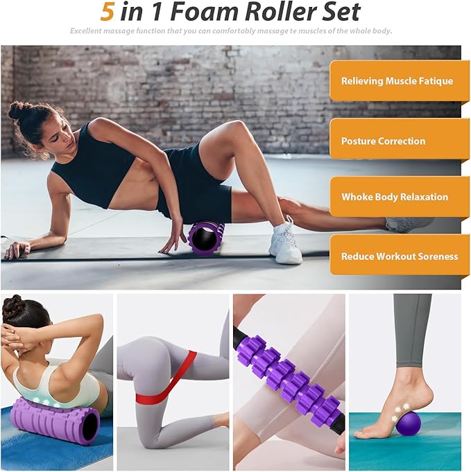 5 in 1 Foam Roller Set for Deep Tissue Muscle Massage, High Density Trigger Point Fitness Patented Exercise Foam Roller, Massage Roller, Massage Ball, Resistance Band, for Whole Body(Purple)-CasaMuseHome