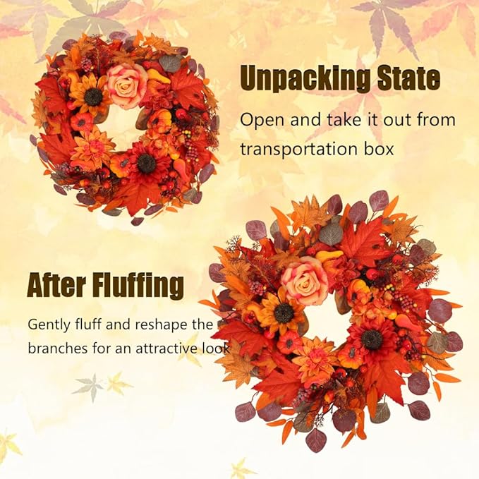 24" Fall Wreath for Front Door Outside - Sunflower, Pumpkin, Berry & Maple Leaves | Weatherproof Autumn Outdoor Wreaths with Hanger Hook for Thanksgiving, Harvest-CasaMuseHome