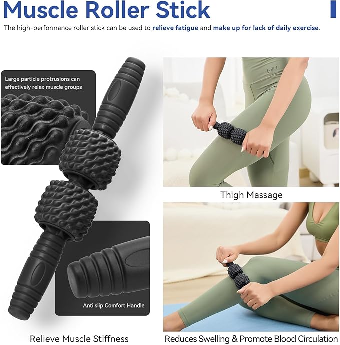 5 in 1 Foam Roller Set, High Density Foam Roller, Muscle Roller Stick, Massage Ball, Resistance Band for Physical Therapy & Deep Tissue Muscle Massage (Black)-CasaMuseHome