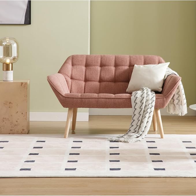 48" Small Loveseat Sofa, Modern Linen Fabric Mini Sofa Couch 2-Seater Love Seat with Quilting Backs and Wood Legs for Living Room, Bedroom and Small Space, Pink-CasaMuseHome