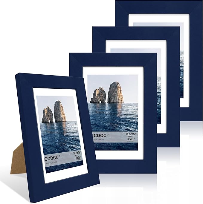 4x6 Picture Frame Set of 4, 4 x 6 Wood Photo Frames with Mat for 3.5x5, Natural Wooden Frame with Real Glass Cover for Wall and Tabletop Display,Blue-CasaMuseHome