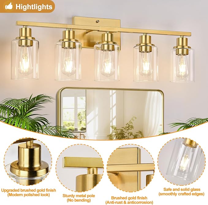 5-Light Bathroom Vanity Light with Clear Glass Shades, Brushed Gold Bathroom Light Fixtures Over Mirror, Modern Vanity Light for Mirror Living Room Cabinet Bedroom Porch-CasaMuseHome