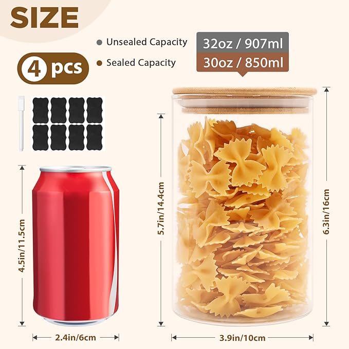 32oz Glass Food Storage Jars, Glass Jars with Bamboo Lids, Kitchen Storage Jars, Canisters with Airtight Lids for Spice, Coffee, Cookie, Set of 4, Pantry Organizers-CasaMuseHome