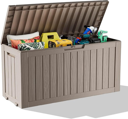 75 Gallon Resin Deck Box, Lockable Outdoor Storage Box for Patio Cushions Storage Furniture,Garden Tools, Pool Supplies, Weatherproof and UV Resistant (Grey)-CasaMuseHome