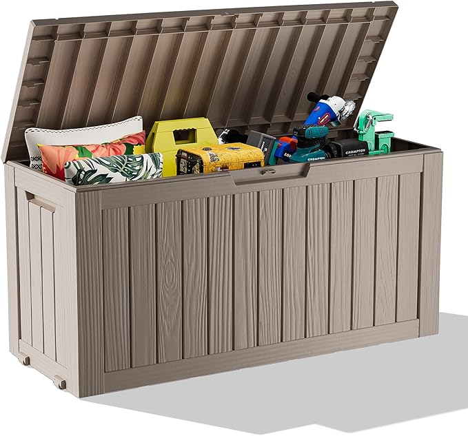76 Gallon Outdoor Deck Box,Storage Lockable Waterproof Patio Furniture,Garden Tools,Cushions,Pool Accessories Outside Storage Resin Box(Grey)-CasaMuseHome