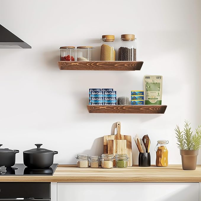 16"x6.8"x1.6" Slanted Floating Wall Shelves 2-Pack - Rustic Brown Finish, Heavy-Duty Solid Wood Design with Hidden Brackets - Perfect for Living Room, Kitchen, Bathroom, or Office-CasaMuseHome