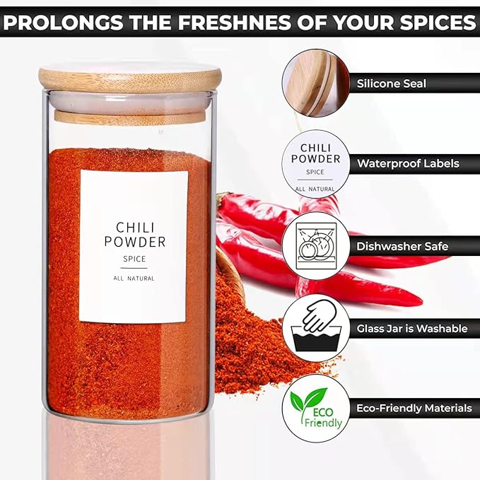 12 Pcs Glass Spice Jars With Bamboo Airtight Lids, 10oz Thicken(2.4mm) Spice Containers With 148 Minimalist Preprinted Waterproof Spice Labels, Kitchen Empty Small Storage Jars For Seasoning, Herb-CasaMuseHome