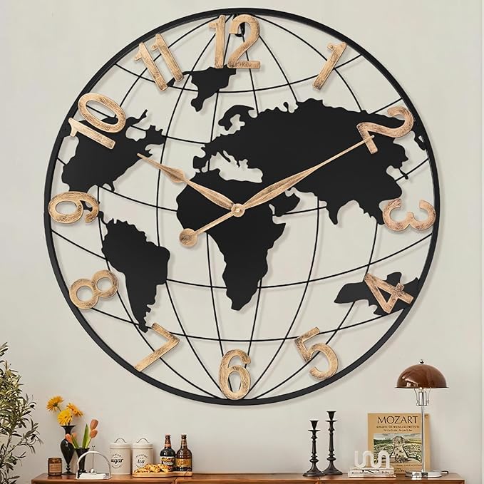 30 Inch Extra Giant Large Wall Clock Oversized,Black Big Metal Modern Decorative Silent World Map Wall Clock with Vintage Gold Arabic Numeral for Office,Living Room,Kitchen,Dining Room Decor-CasaMuseHome