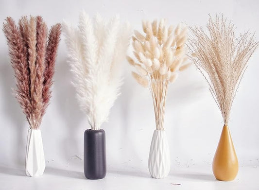 100 PCS Dried Flowers Pampas Grass Bouquet, Boho Table Decor, Bunny Tails Dried Flowers, Brown Pompas, White Pampas Grass for Wedding, Home, Rustic Party, Baby Shower Decorations-CasaMuseHome