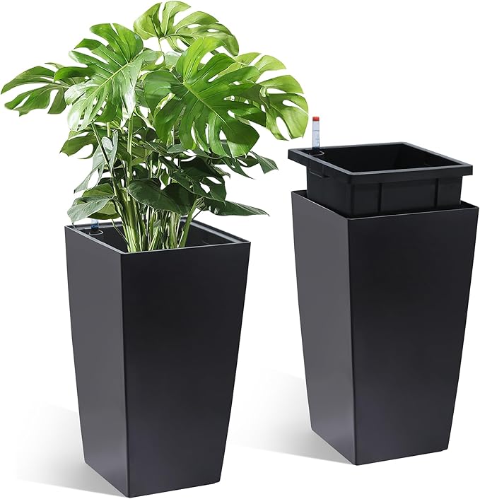 16" Tall Planters Set of 2, Outdoor＆Indoor Black Planter Pots, High Front Porch Planter Pots with Drainage Holes＆Water Level Monitor＆Inner Bucket, Automatic Watering,Black-CasaMuseHome
