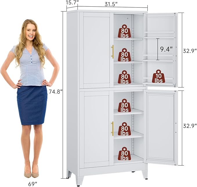 75" H Metal Storage Cabinet, Pantry with 6 Door Shelves and 4 Adjustable Shelves, Leveling Foot for Kitchen, Living Room and Dinning Room, White-CasaMuseHome