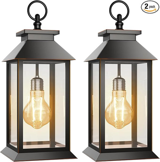 2 Pack Hanging Solar Lanterns Glass Solar Lights Outdoor Waterproof Upgraded Solar and 2 AA Batteries Powered, for Outside Porch, Patio and Indoor Tables, Mantelpiece-CasaMuseHome