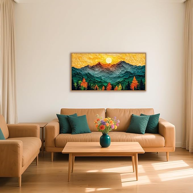 Abstract Sun Mountain Framed Canvas Wall Art Set, Forest Pine Tree Golden Sunset Wall Decor, Mixed Patchwork Landscape Art Print for Living Room, Bedroom, Dining Room, Office - 20"x40"-CasaMuseHome