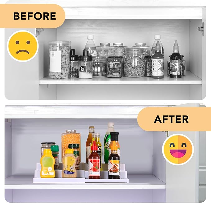 3-Tier Expandable Spice Rack, Plastic Spice Rack Organizer for Cabinet, Adjustable Length, Non-Skid Spice Shelf Organizer for Kitchen Cabinet, Countertop or Pantry, 2 Pack, White/Grey-CasaMuseHome
