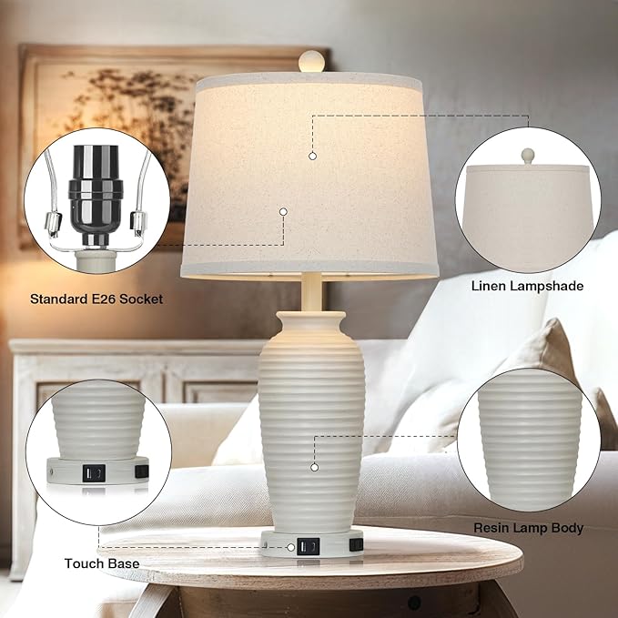 25" Farmhouse Jar Table Lamps Set of 2,Rustic Cream Pot Table Lamp for Bedroom, Living Room,3 Way Touch Control Rustic Bedside Lamps with USB A+C Ports & AC Outlet(LED Bulbs Included)-CasaMuseHome