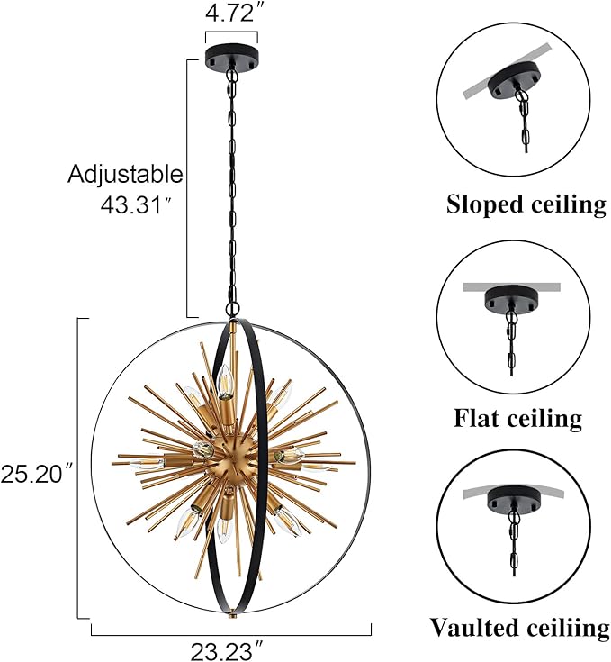 23.2'' Black Gold 12-Light Globe Sputnik Chandelier Modern Industrial Adjustable Hanging Ceiling Firework Pendant Light Fixture for Entryway Foyer Bedroom Dining Living Room Hallway-CasaMuseHome