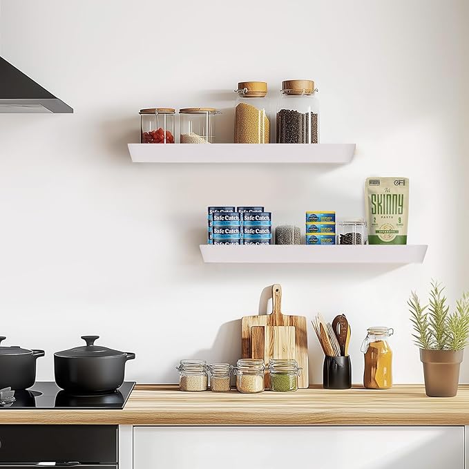 24"x6.8"x1.6" Slanted Floating Wall Shelves 2-Pack - Rustic White Finish, Heavy-Duty Solid Wood Design with Hidden Brackets - Perfect for Living Room, Kitchen, Bathroom, or Office-CasaMuseHome