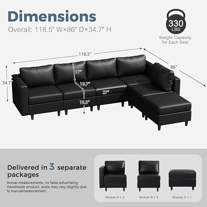 118.5" Faux Leather Modular Sectional Sofa, L Shaped Couch Set for Living Room, 6-Seater Comfy Cloud Couches with Movable Storage Ottoman Black-CasaMuseHome