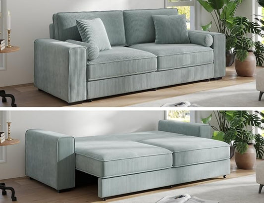 91-Inch Corduroy Pull Out Couch with Storage, Convertible Queen Sleeper Sofa with Pull Out Bed, Hide a Bed Couches for Bedroom, Guest Room, Apartment, Small Places, RV (Sage Green)-CasaMuseHome