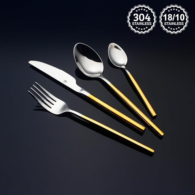 24 Piece Silverware Set For 6 Gold Handle Heavy duty 18/10 Stainless Steel Flatware Set Modern Design Knife/Fork/Spoon Mirror Polished Dishwasher Safe Cutlery Set with Gifts-CasaMuseHome
